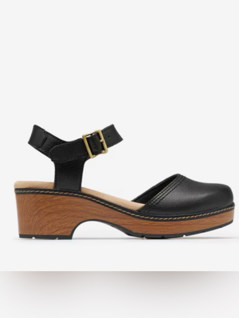 Clarks Black Leather Ankle-Strap Clog Sandal